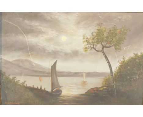 A K Murray (20thC School). Fishing boats in mountainous lake scene, oil on board, 30cm x 46cm, framed. 