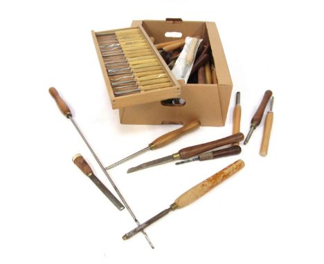 Wood working and carpentry hand tools, comprising chisels, rasps, gouges and turning tools, etc.  (1 box)