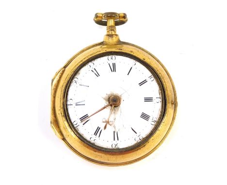 An 18thC gilt metal pair cased pocket watch, by Haley &amp; Sons London, the pocket watch with a white ceramic dial and gold 