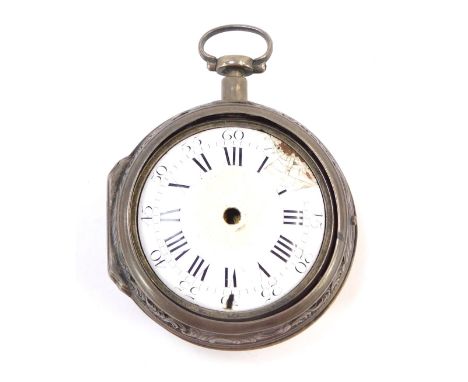 An 18thC silver pair cased pocket watch, the repeater movement signed Cabner, London with a white ceramic dial lacking hands,