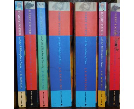 J K Rowling. Harry Potter books, comprising Philosopher's Stone (x2), Prisoner of Azkaban (x2), Chamber of Secrets, and Goble