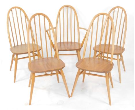 A set of five Ercol light elm Windsor dining chairs, comprising four single chairs and one carver.