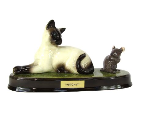 A Beswick Watch-It figure group, depicting Siamese cat and mouse, on a ceramic base with applied plaque, black Beswick stamp 