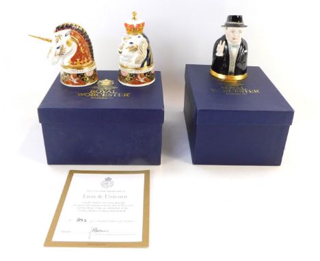 Three Royal Worcester candle snuffers, comprising Lion from The Jubilee, limited edition, 292/500, and matching Unicorn, and 