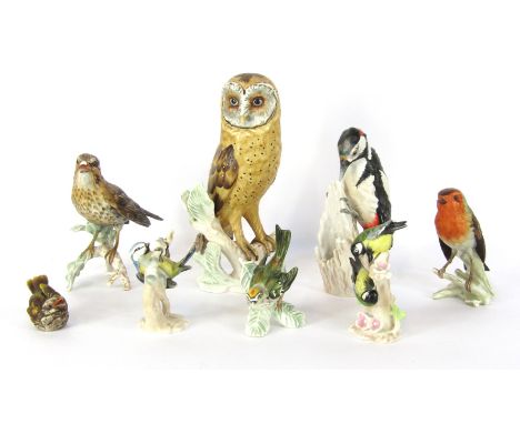 Seven Goebel bird figures, comprising Barn Owl, Great Titmouse, Blue Titmouse, Robin, Great Spotted Woodpecker, Song Thrush, 