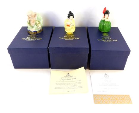 Three Royal Worcester candle snuffers, comprising Hush, limited edition, 226/500, Sleeping Buddha, and Japanese Girl, limited