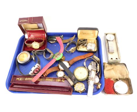 A quantity of pocket watches and wristwatches, comprising a Rotary gentleman's gold plated wristwatch, a Timex wristwatch on 