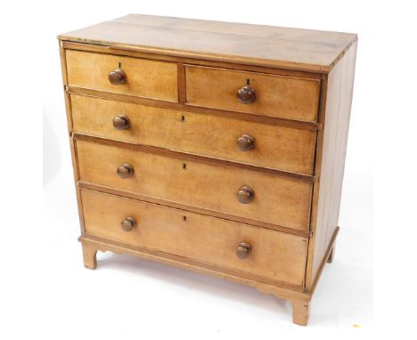 A 19thC light oak chest of two short and three long graduated drawers, with bun handles, raised on bracket feet, 97cm high, 9