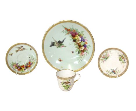 Royal Worcester tea wares, comprising a Royal Worcester coffee can and saucer, with gilt ribbed rim, and painted detailing of