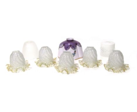 A group of glass light shades, mainly from the 60s onwards, comprising a set of five double glass and coloured flared shades,