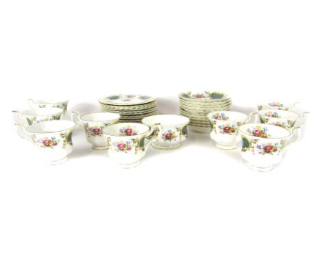 A Royal Albert part tea service in the Berkeley pattern, comprising nine cups and saucers, cake plate, sugar bowl and ten sid