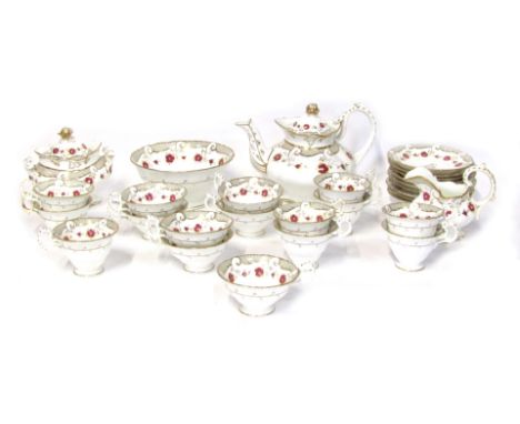 A 19thC porcelain tea service, with the borders picked out in gilt with dark grey borderings and red floral design, comprisin