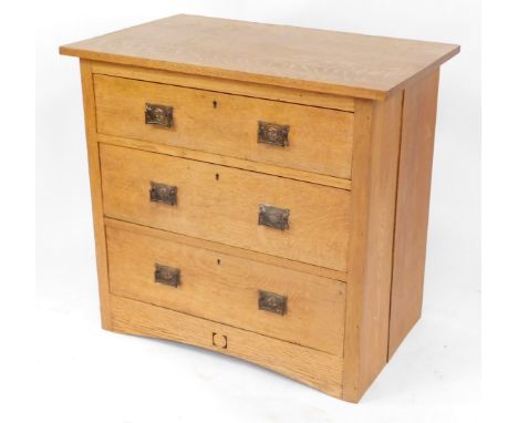 A Victorian light oak chest, of three long graduated drawers, on a pierced and raised plinth base, 78cm high, 84cm wide, 53cm