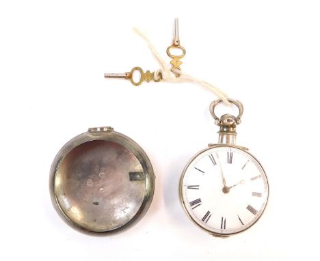 A Victorian gentleman's silver pair cased pocket watch, open faced, key wind, white enamel dial bearing Roman numerals, key w