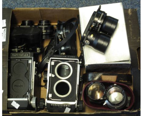 Box of assorted camera equipment to include: Mamiyaflex and Mamiya C2-20 twin lens reflex cameras with four pairs of lenses, 