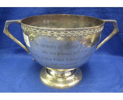 Large silver two handled trophy cup 'In memory of Robert Jones', London hallmark. 26oz approx. (B.P. 24% incl. VAT)