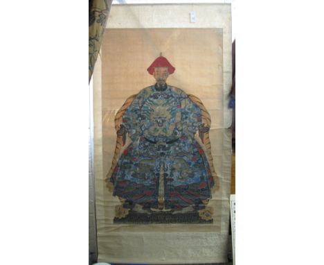 Large Chinese portrait wall hanging or scroll. (B.P. 24% incl. VAT)   CONDITION REPORT:  140 cm x 80 cm approximately.  Badly