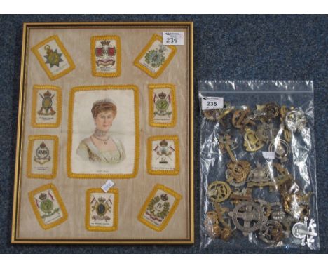 Bag of assorted and varied British military cap badges, button etc. Together with a First World War period silk portrait of Q