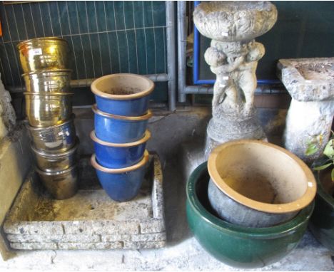 Collection of terracotta and other circular garden planters, together with a composite garden trough. (15)(B.P. 24% incl. VAT