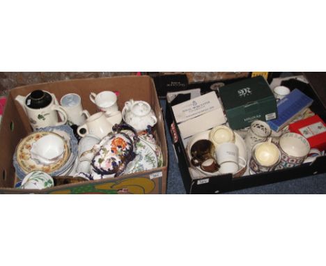 Two boxes of assorted china to include Wedgwood collectors mug, Royal Worcester porcelain ramekins, various tea and coffee wa