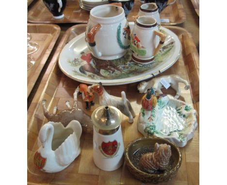 Tray of assorted china to include: a Beswick donkey, terrier and hunting dog, Beswick pheasant ashtray, Staffordshire hunting