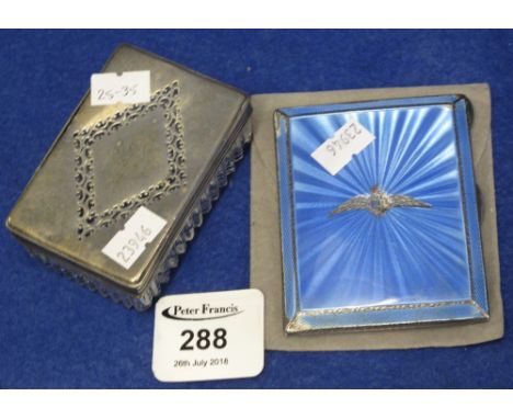 A silver cigarette case decorated in blue guilloche enamel and a silver topped glass box.(B.P. 24% incl. VAT)