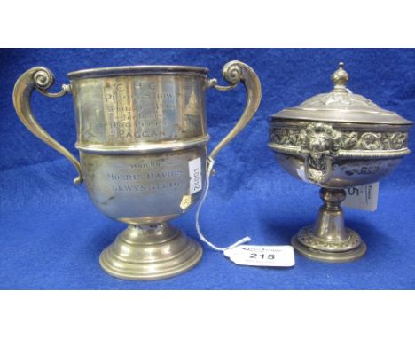 Silver two handled trophy cup with inscription dated 1916 'For best dog/puppy 'Paggan', London hallmark. Together with a silv