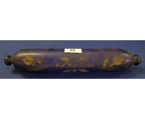 Victorian decorative blue glass rolling pin decorated with flowers and the text 'For my love'.(B.P. 24% incl. VAT)
