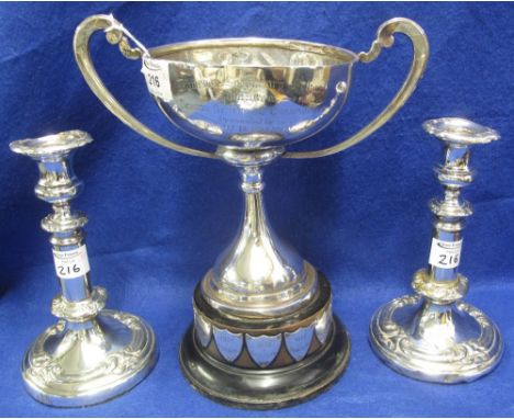 Large silver two handled trophy cup Dinefwr Secondary School, Swansea schools swimming championship, having  loaded base on s