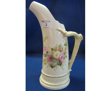 Large Royal Worcester porcelain horn shaped jug painted with flowers and foliage on an ivory ground, horn design handle.  Pri