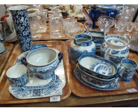 Two trays of various 19th Century blue and white transfer printed items to include: Masons two handled bowl, baluster teapot,