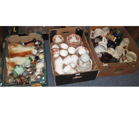 Three boxes of china and other items to include: various floral and other dresser jugs, Victorian black ground teapot, 19th C