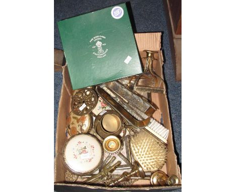 Tray of assorted metalware and other items to include: ladies dressing table set, pair of miniature brass candlesticks, loose