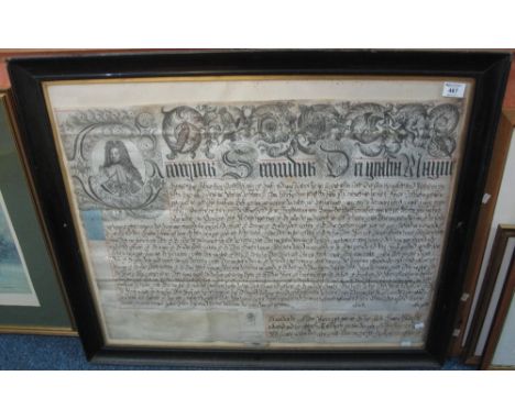 18th Century hand written and highlighted indenture document with portrait of King George III. Framed and glazed. (B.P. 24% i