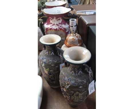 Pair of Japanese Moriaje vases, together with an Oriental baluster table lamp, together with a pair of continental porcelain 
