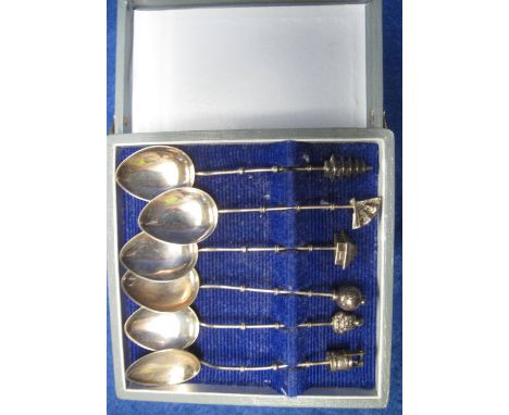 Set of six Chinese design sterling silver coffee spoons with architectural and figural finials. Stamped sterling. (B.P. 24% i