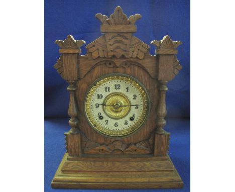 Early 20th Century American Ansonia Clock Company of New York oak two train architectural mantel clock.  38cm high.(B.P. 24% 