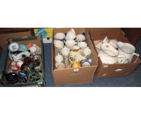 Three boxes of assorted china, various to include: floral and other dresser jugs, large Staffordshire jug, pair of transfer p