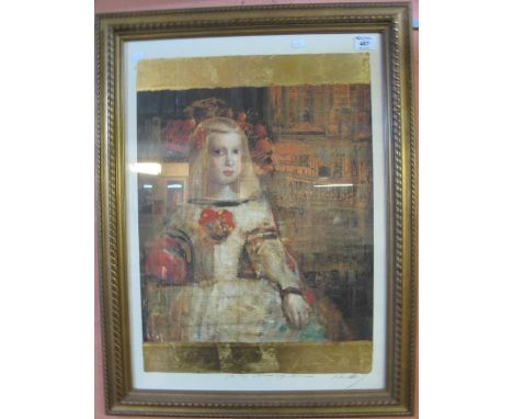 After Beiber Ulec, portrait of a young girl, coloured print with gilded bands, indistinctly titled in pencil with publishers 