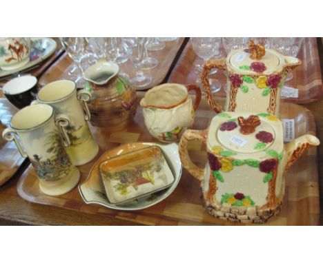 Tray of assorted china to include: pair of Royal Doulton two handled waisted vases with scenic designs, Doulton pin dish, Wad