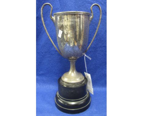 Silver plated two handled trophy cup on plastic socle, 'St. Clears and District Schools Challenge Cup Presented by W.D. Walte