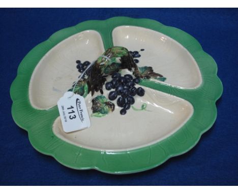 Carltonware china three section hors d'oeuvre dish decorated with coloured grapes and foliage and white crabstock handle.  Pr