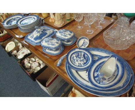 Three trays of 19th Century transfer printed blue and white 'Real old Canton' dinnerware items by L. Ashworth & Bros to inclu