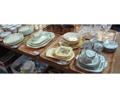 Two trays of Copeland Spode Strathmere Royal Jasmine dinnerware comprising set of three graduated oval meat dishes, gravy boa