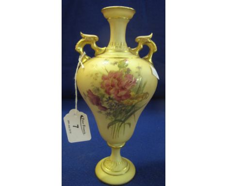 Royal Worcester blush porcelain urn shaped two handled baluster pedestal vase, flower spray painted and gilded decoration, pe