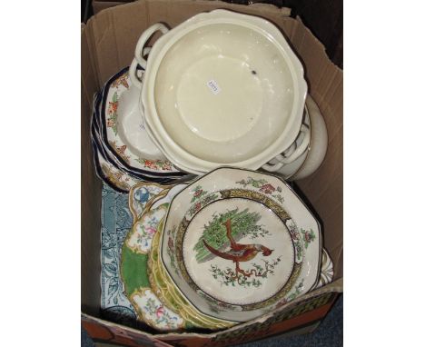 Box of assorted china to include: French majolica fruit design plates, Staffordshire transfer printed blue and white oval mea