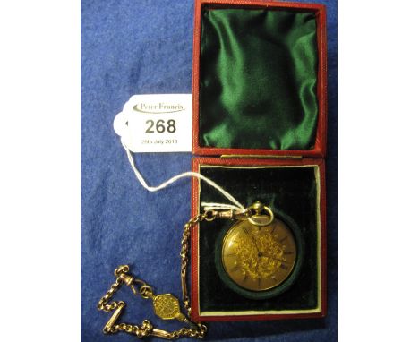 19th century gold engine turned and engraved open faced key wind pocket watch with Roman numerals, the inner case marked Cuen