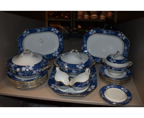 A Copeland Late Spode partial dinner service, including Tureens, gravy boats, plates and platters, having blue and white flor