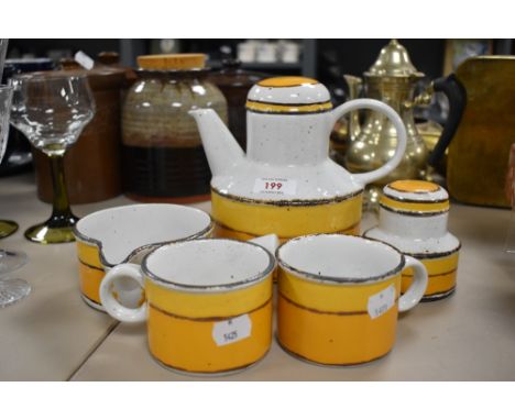 A vibrant mid century mid winter coffee pot, sugar basin, soup dish and two mugs.
good condition.