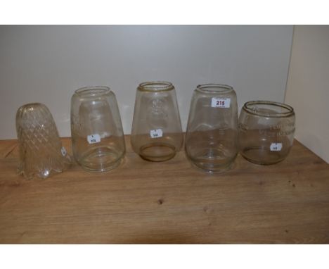 Five vintage glass light or oil lamp shades.